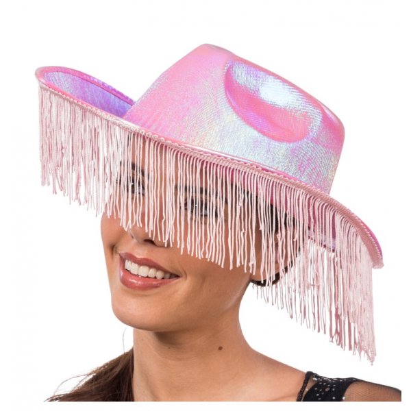 Rosa skimrende cowboyhatt med frynser
