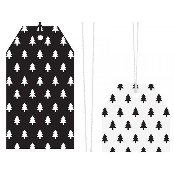 Gavelapper - Svart/Hvitt - Juletrær - 12-pakning Gavelapper - Svart/Hvitt - Juletrær - 12-pakning