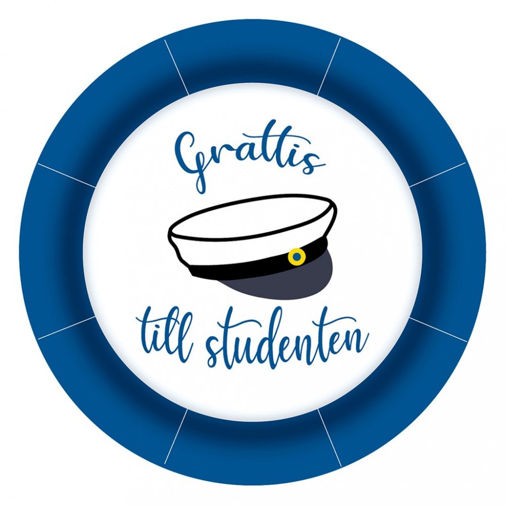 Papirtallerkener – Gratulerer til uteksaminerte – Blå/Hvit – 8-pakning – Papirtallerkener, Borddekking